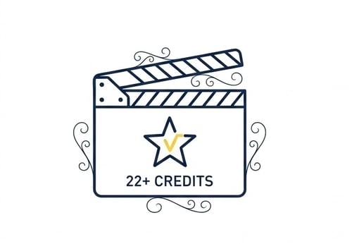 Line-art icon of a director's clapboard featuring a gold IMDb verified star and the text '22+ CREDITS', symbolizing Hollywood-standard expertise in scenic painting and high-end residential finishes.