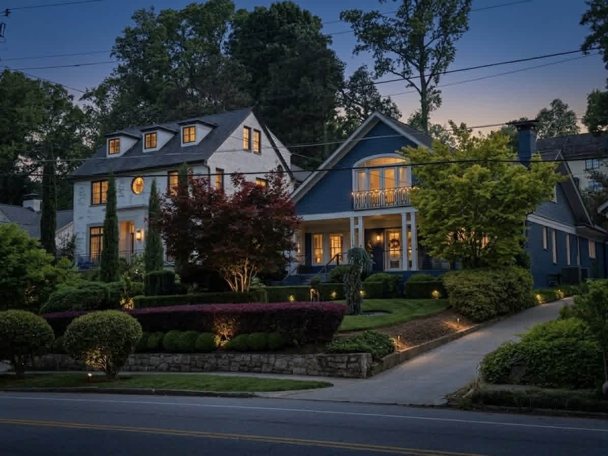 Luxury residential streetscape in Morningside, Atlanta, featuring high-end homes with professional exterior finishes and designer landscaping at twilight.