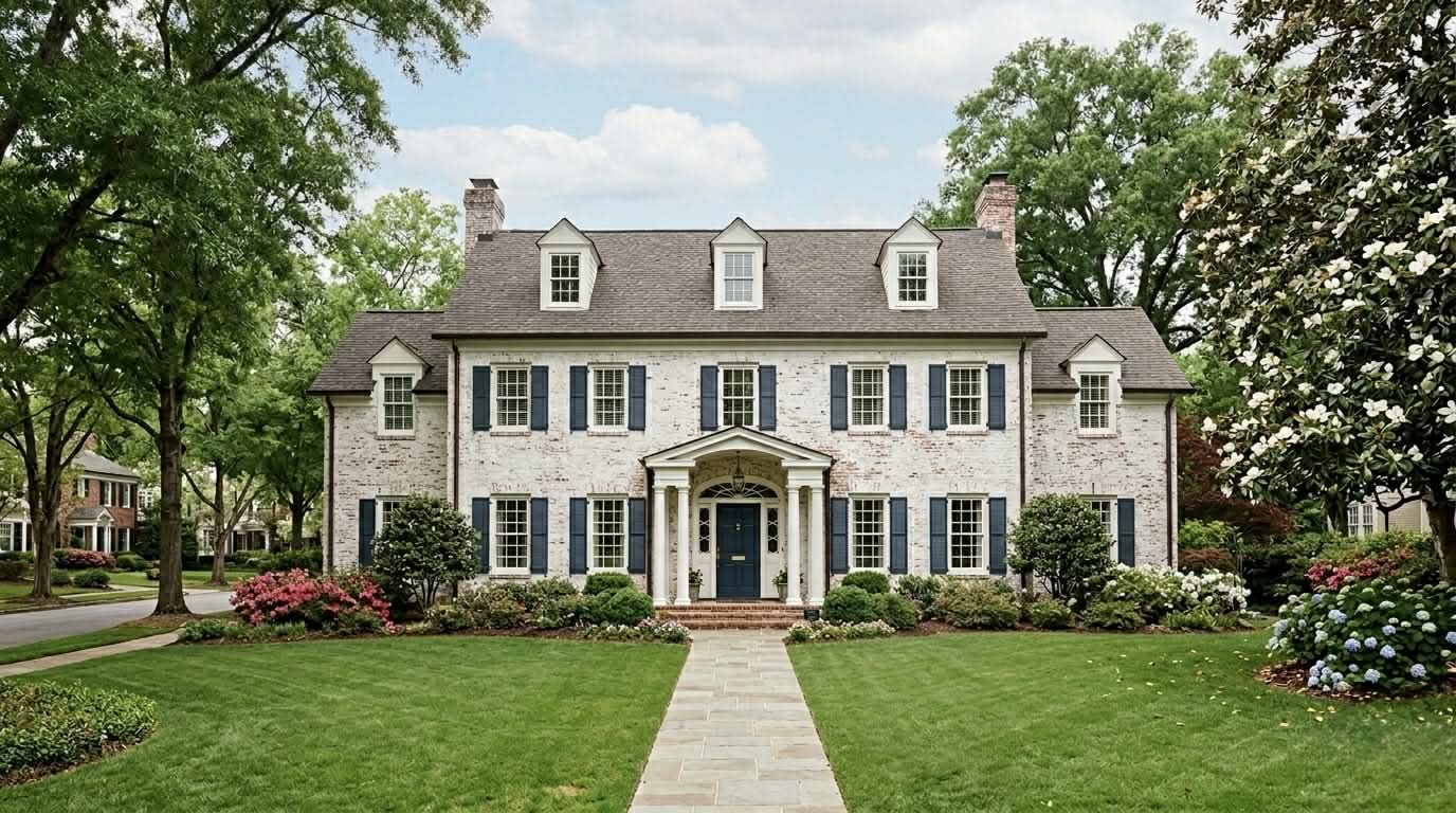 Luxury Georgia colonial home featuring a custom white limewash brick finish and Hale Navy shutters by Carlson Painting Co. Luxury Georgia colonial home featuring a custom white limewash brick finish and Hale Navy shutters by Carlson Painting Co.