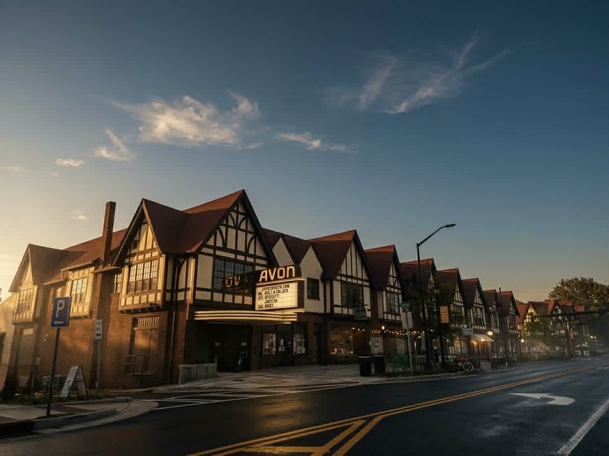 Historic Tudor-style commercial architecture in Avondale Estates, Atlanta, featuring the iconic Avon theater at sunset in a key Carlson Painting service area. Historic Tudor-style commercial architecture in Avondale Estates, Atlanta, featuring the iconic Avon theater at sunset in a key Carlson Painting service area.
