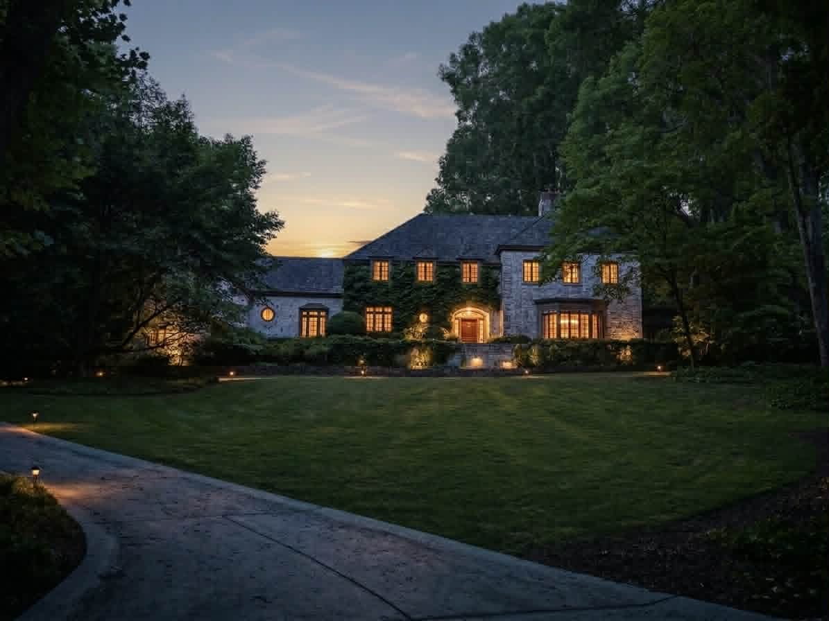 High-end residential exterior painting and lighting on a luxury Druid Hills estate at dusk, showcasing the Hollywood Standard by Carlson Painting Co. High-end residential exterior painting and lighting on a luxury Druid Hills estate at dusk, showcasing the Hollywood Standard by Carlson Painting Co.
