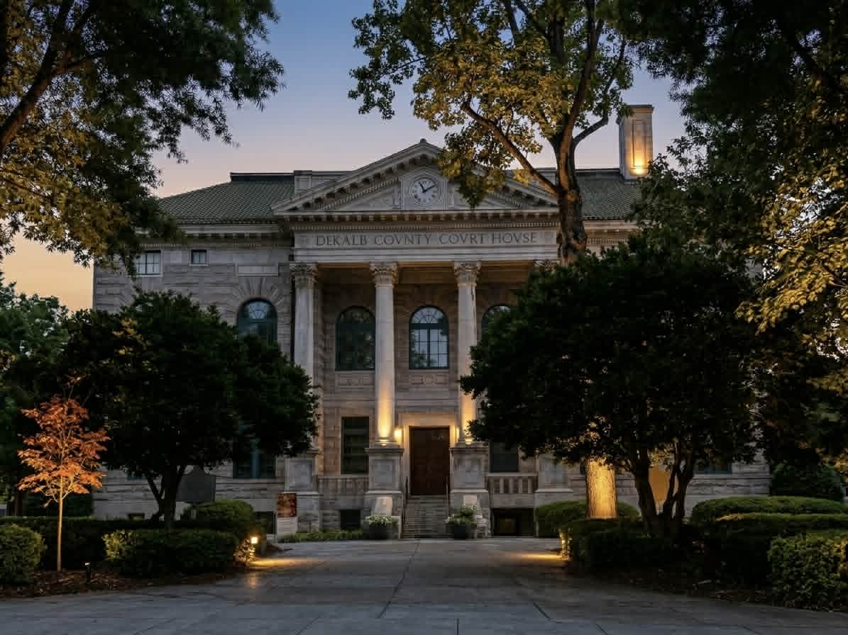 The historic DeKalb County Courthouse in Decatur, Georgia, featuring majestic stone columns and architectural lighting at twilight, representing the Carlson Painting Co. service area. The historic DeKalb County Courthouse in Decatur, Georgia, featuring majestic stone columns and architectural lighting at twilight, representing the Carlson Painting Co. service area.